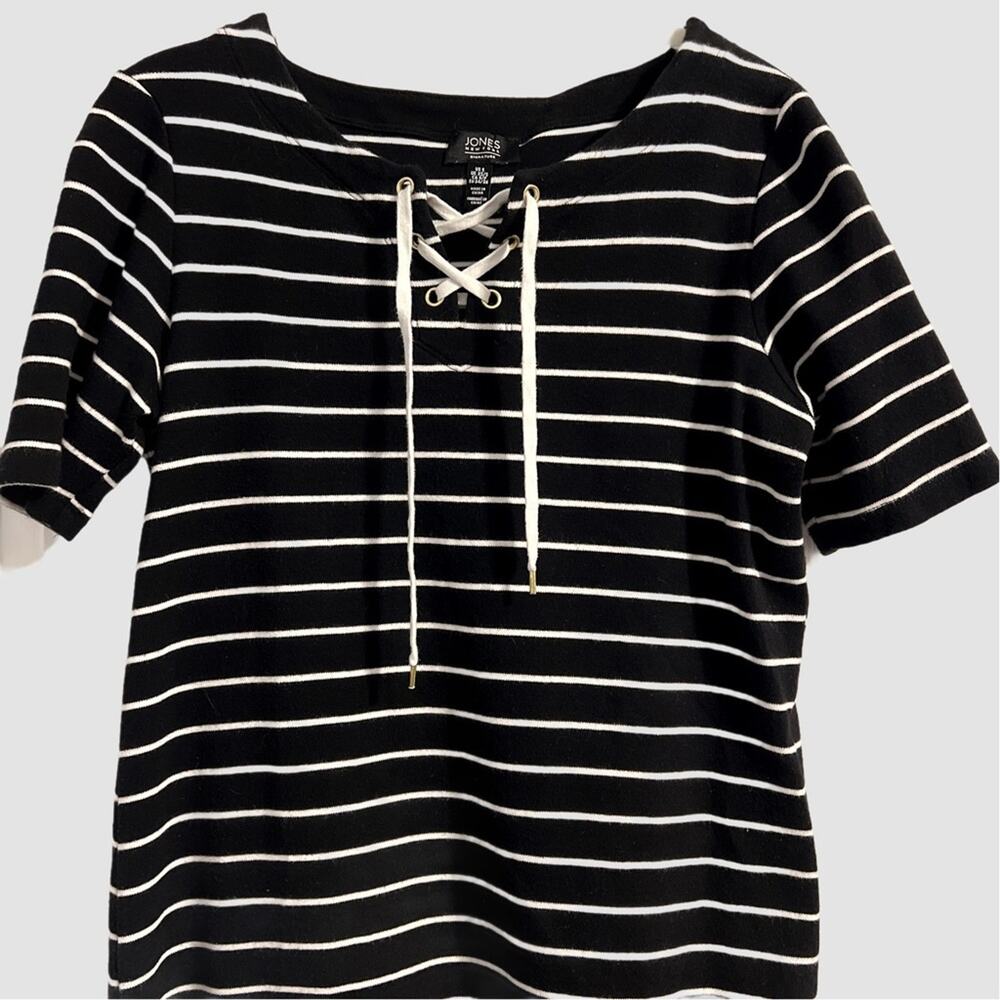 Jones New York Signature Black w/ White Stripe Lace-Up Neck Cotton Dress Size S - Picture 2 of 5